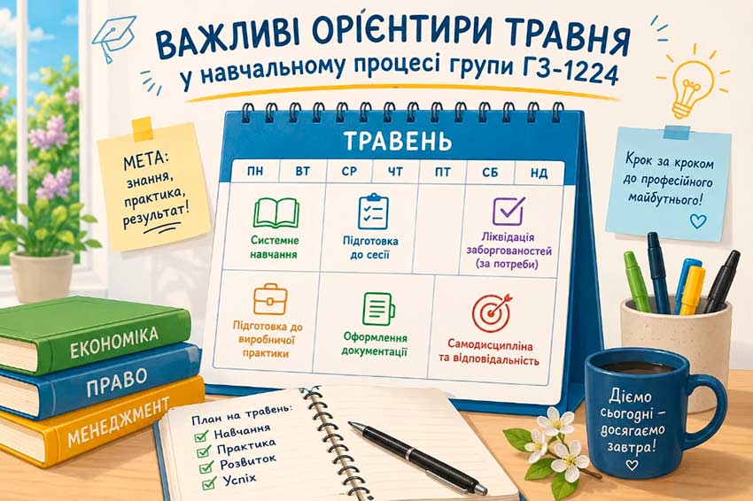 Важливі орієнтири травня у підготовці до сесії та виробничої практики групи ГЗ1224